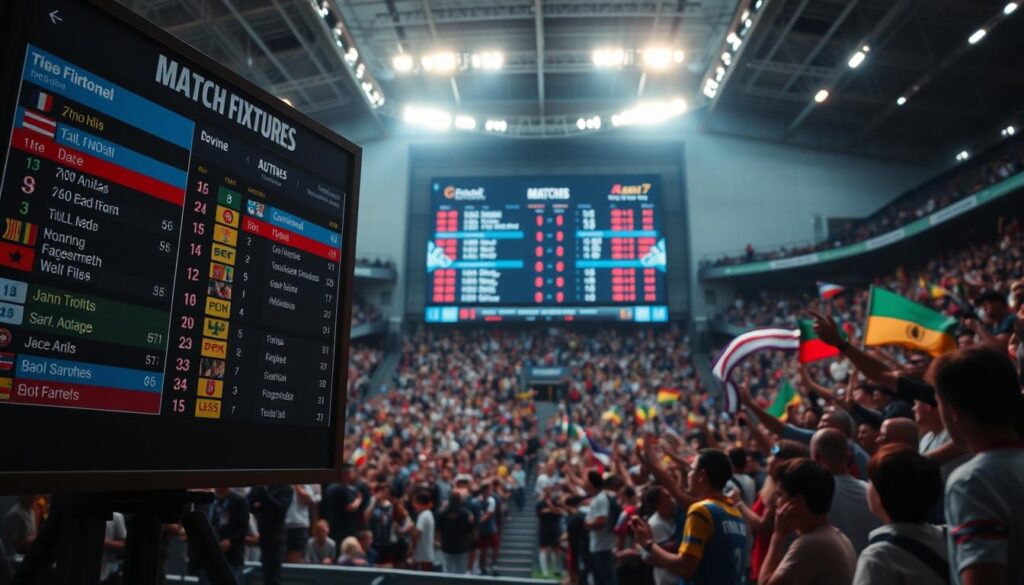A detailed sports match schedule board titled "Match Fixtures," prominently displayed in the foreground, showcasing various games with distinct time slots and team names. Include vibrant colors to differentiate between the teams and match timings. In the middle ground, place a modern digital scoreboard reflecting live updates and scores, with dynamic light effects enhancing the action. The background features a cheering crowd in a stadium, indicating an electric atmosphere, with colorful banners and flags waving. Use a wide-angle lens to capture the excitement from a low angle, as if the viewer is part of the audience. The scene is illuminated with bright stadium lights, creating a lively and engaging mood, perfect for illustrating how to view live match results.