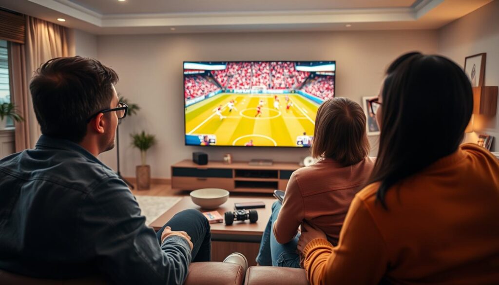 A dynamic scene capturing a diverse group of people watching a live football match on a large screen in a modern living room. In the foreground, there are three friends, two men and a woman, all dressed in casual but neat clothing, intently focused on the game. The middle ground features the large screen displaying vibrant football action, filled with excitement and intensity. The background includes contemporary furniture, soft lighting, and decorations that enhance a cozy atmosphere, reflecting a lively but professional environment. The overall mood is enthusiastic and engaging, celebrating the thrill of live sports streaming, evoking a sense of community and enjoyment. The perspective is slightly angled to capture both the viewers and the screen prominently.