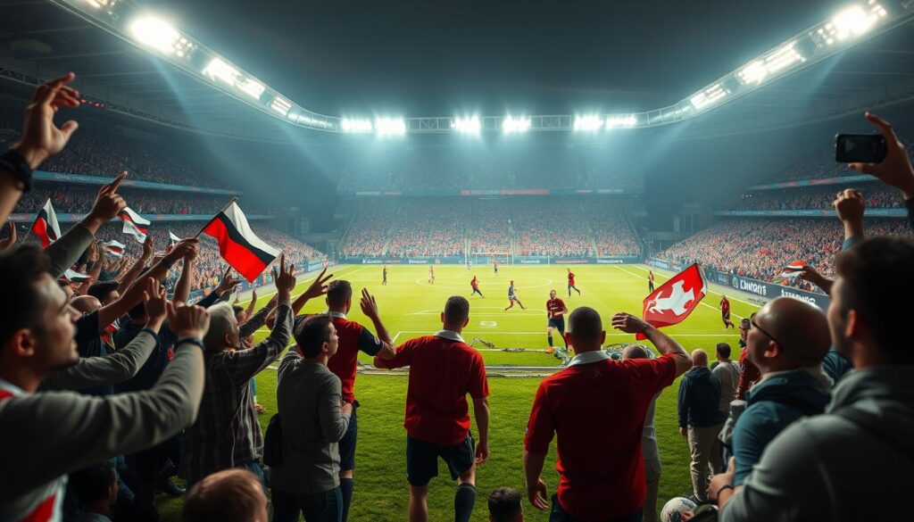 A dynamic scene capturing a live football match in action. In the foreground, a diverse group of enthusiastic fans, dressed in team jerseys and scarves, are cheering and waving flags, their faces filled with excitement. In the middle ground, two teams are actively competing on a vibrant green field, with a player dribbling the ball skillfully while another defends. The background features a packed stadium under bright floodlights, creating an electrifying atmosphere. Dramatic shadows play across the grass, and the angle emphasizes the energy of the moment, showcasing the thrill of live sports. The overall mood is intense and vibrant, reflecting the passion of football fans on an exhilarating match day.