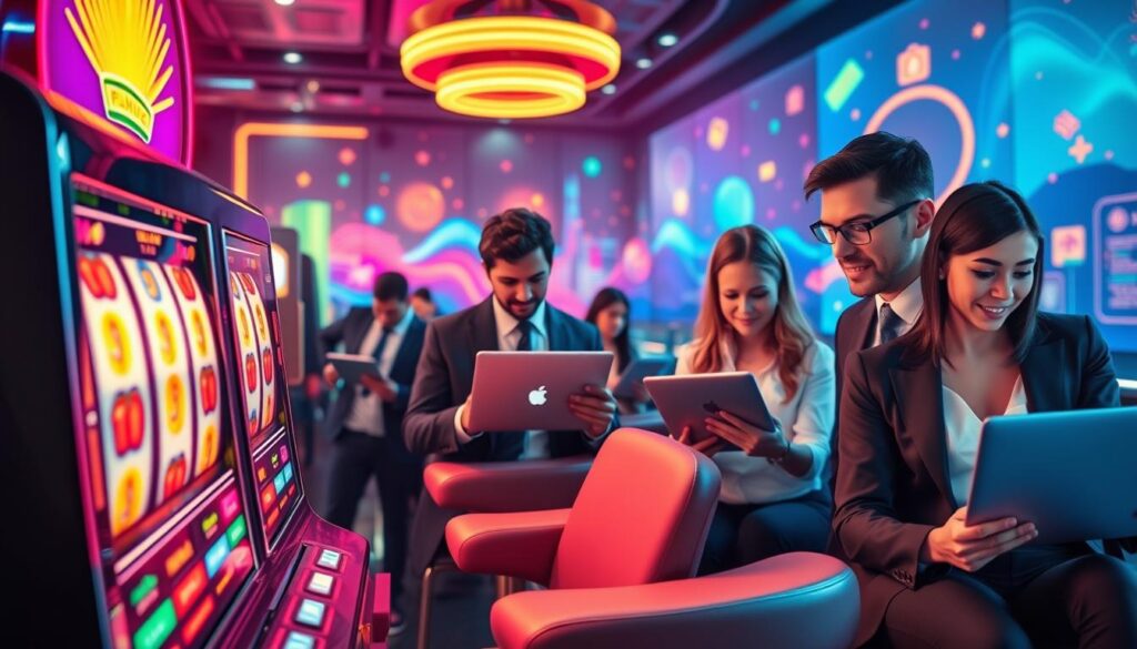 A dynamic scene depicting an exciting online gaming environment, showcasing a colorful and vibrant digital casino atmosphere. In the foreground, a stylish slot machine with bright, flashing lights displays symbols of luck, such as horseshoes and cherries. The middle layer features diverse players engaging with the game on their sleek laptops and tablets, dressed in professional business attire, exuding a sense of focus and enjoyment. In the background, a virtual landscape filled with abstract neon patterns and gaming elements creates a thrilling ambiance. Soft yet vivid lighting highlights the players' expressions of excitement and anticipation. Capture the essence of fun and engagement inherent in the online gaming world, making it inviting and visually stimulating. A dynamic scene depicting an exciting online gaming environment, showcasing a colorful and vibrant digital casino atmosphere. In the foreground, a stylish slot machine with bright, flashing lights displays symbols of luck, such as horseshoes and cherries. The middle layer features diverse players engaging with the game on their sleek laptops and tablets, dressed in professional business attire, exuding a sense of focus and enjoyment. In the background, a virtual landscape filled with abstract neon patterns and gaming elements creates a thrilling ambiance. Soft yet vivid lighting highlights the players' expressions of excitement and anticipation. Capture the essence of fun and engagement inherent in the online gaming world, making it inviting and visually stimulating.
