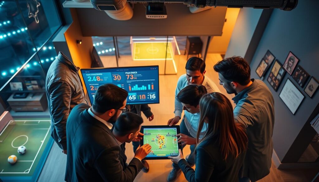 A dynamic scene illustrating the essence of football analysis, featuring a diverse group of professionals huddled around a digital tablet, deeply focused on the latest match statistics and performance graphs. In the foreground, the analysts are dressed in smart casual attire, passionately discussing strategies. The middle ground shows a large screen displaying a colorful football infographic with data visualizations of player stats and match analytics. The background features a sleek, modern office environment with memorabilia and a soft focus on a football pitch visible through a large window. Warm ambient lighting enhances a collaborative mood while keeping the atmosphere professional and engaging. The angle captures an overhead view, emphasizing the interaction and excitement among the team as they break down the game insights.