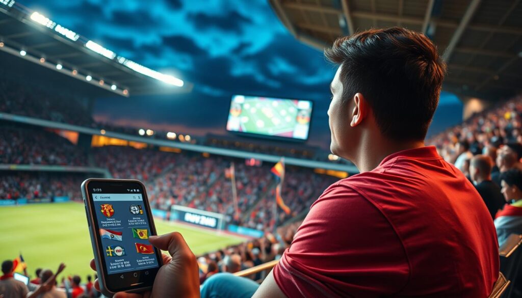 A dynamic sports scene capturing the intensity of live football results, featuring an engaged fan wearing a casual sports jersey, seated in a packed stadium with vibrant team colors. The foreground includes a close-up of a smartphone displaying real-time scores from multiple matches, with bright screens reflecting excitement. In the middle, a cheering crowd waves flags and banners, showcasing their support, while the background reveals a large scoreboard illuminated against the evening sky, enhancing the atmosphere of anticipation. The lighting is vivid and energetic, simulating floodlights illuminating the field. The composition should evoke excitement and engagement, encapsulating the thrills of live football updates, without any text or distractions.