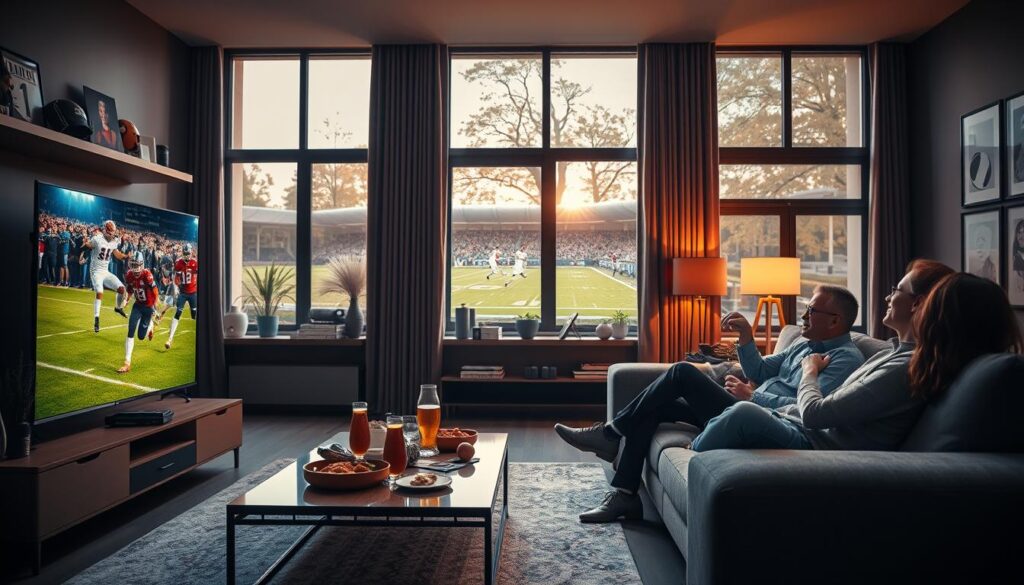 A high-definition digital scene showcasing a modern living room setup for watching live football matches. In the foreground, a contemporary flat-screen TV displays an exciting football game, with vibrant colors and dynamic action frozen on the screen. The middle ground features a stylish coffee table adorned with snacks and beverages, emphasizing a casual viewing atmosphere. In the background, large windows let in warm natural light, complementing the cozy ambiance of the room, decorated with football memorabilia. A couple of friends, dressed in casual yet neat clothing, are seated comfortably on a large sofa, engrossed in the game, exuding excitement and camaraderie. The overall mood is lively and engaging, reflecting the thrill of live sports entertainment.