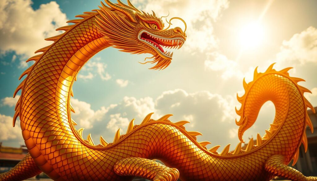 A majestic golden dragon, known as "มังกรทอง999," elegantly coiled in the foreground, its scales shimmering with a rich, deep gold hue. The dragon's intricate details, such as its fierce eyes and ornate horns, reflect traditional Thai artistry. In the middle ground, a serene backdrop of soft clouds and a bright blue sky enhances the dragon’s regal presence while conveying a sense of tranquility. The entire scene is illuminated by warm, golden sunlight to emphasize the dragon’s beauty, with soft shadows creating depth. The angle is slightly low, enhancing the dragon's grandeur and magnificence, inspiring awe. The atmosphere is vibrant and uplifting, capturing the essence of fortune and prosperity associated with the legendary creature. A majestic golden dragon, known as "มังกรทอง999," elegantly coiled in the foreground, its scales shimmering with a rich, deep gold hue. The dragon's intricate details, such as its fierce eyes and ornate horns, reflect traditional Thai artistry. In the middle ground, a serene backdrop of soft clouds and a bright blue sky enhances the dragon’s regal presence while conveying a sense of tranquility. The entire scene is illuminated by warm, golden sunlight to emphasize the dragon’s beauty, with soft shadows creating depth. The angle is slightly low, enhancing the dragon's grandeur and magnificence, inspiring awe. The atmosphere is vibrant and uplifting, capturing the essence of fortune and prosperity associated with the legendary creature.