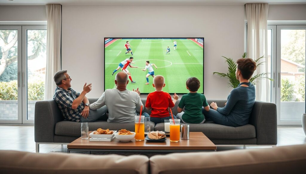 A modern living room setting featuring a sleek, high-definition flat-screen TV displaying a live football match, capturing the excitement of watching sports online. In the foreground, a family of four (two adults and two children) are seated comfortably on a stylish sofa, dressed in casual clothing, cheering enthusiastically. The middle ground showcases a coffee table adorned with snacks and drinks, adding to the atmosphere of a fun game day. In the background, large windows let in bright natural light, with greenery visible outside, creating a warm and inviting ambiance. The scene is framed from a slightly elevated angle, highlighting both the TV and the engaged family, with soft lighting enhancing the lively mood of togetherness and excitement in the room.