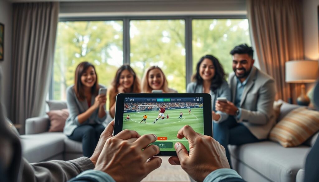 A modern, sleek interface of a sports streaming website featuring a live football match display on a digital device. The foreground showcases a tablet with a vibrant, high-definition screen showing a live score update with exciting player action. The middle layer includes hands of a diverse group of individuals in professional attire engaging with the tablet, their expressions filled with enthusiasm. The background features a cozy living room setting, softly lit to create a warm atmosphere, with a large window showing vibrant green trees outside, symbolizing a refreshing vibe. The overall mood is lively and dynamic, inviting viewers to experience the thrill of live sports streaming.
