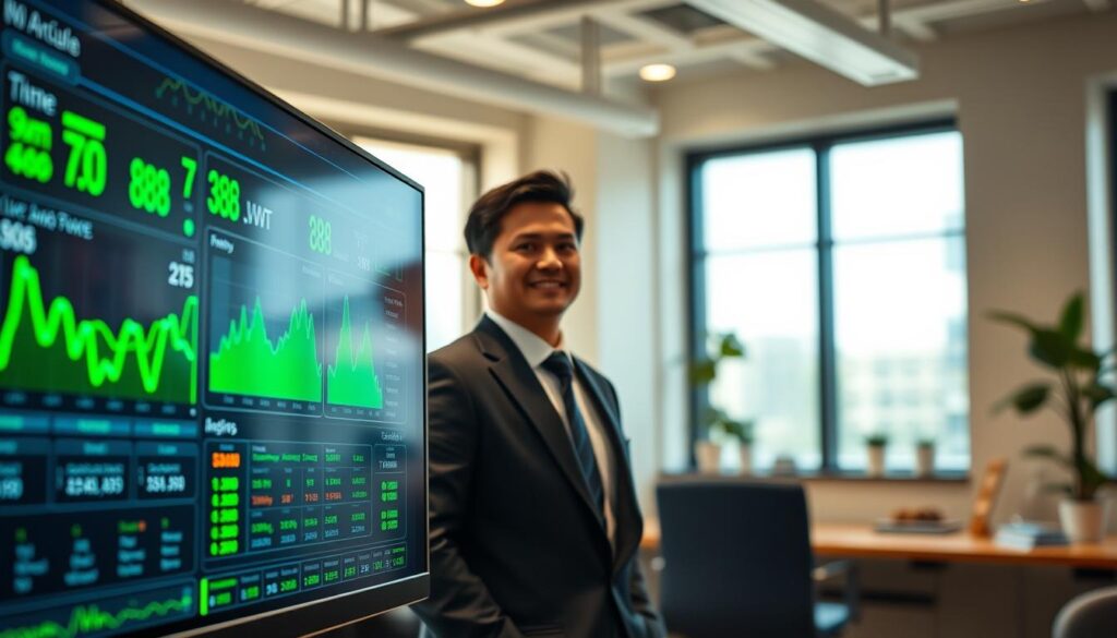 A modern, sleek sports analytics dashboard showcasing live football scores, specifically highlighting "7m ผลบอลสด 888". In the foreground, display a high-tech monitor screen with vibrant, dynamic graphs and score updates, gleaming in bright green and blue colors. In the middle ground, a person in professional business attire is intently observing the data, with clear focus on their facial expression, portraying excitement and interest. The background features a cozy office environment with soft natural lighting streaming through large windows to create a warm and inviting atmosphere. Use a slightly angled perspective to emphasize the monitor and the person's engagement with the stats. Aim for a sense of anticipation and professionalism in this sports analytics setting.