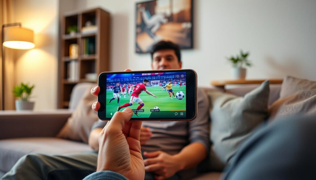 A person sitting comfortably on a modern couch, holding a smartphone displaying a vibrant live football match. The foreground features the phone prominently, with the screen showing players in action, vividly lit with dynamic colors. The middle ground includes the individual, dressed in casual but tidy clothing, showing focused attention on the game. The background is a cozy living room with soft ambient lighting, including a stylish bookshelf and a small indoor plant. The atmosphere is engaging and lively, conveying the excitement of watching a game on-the-go. Use a shallow depth of field to emphasize the smartphone, while keeping the background slightly blurred, enhancing the feeling of immersion in the viewing experience.