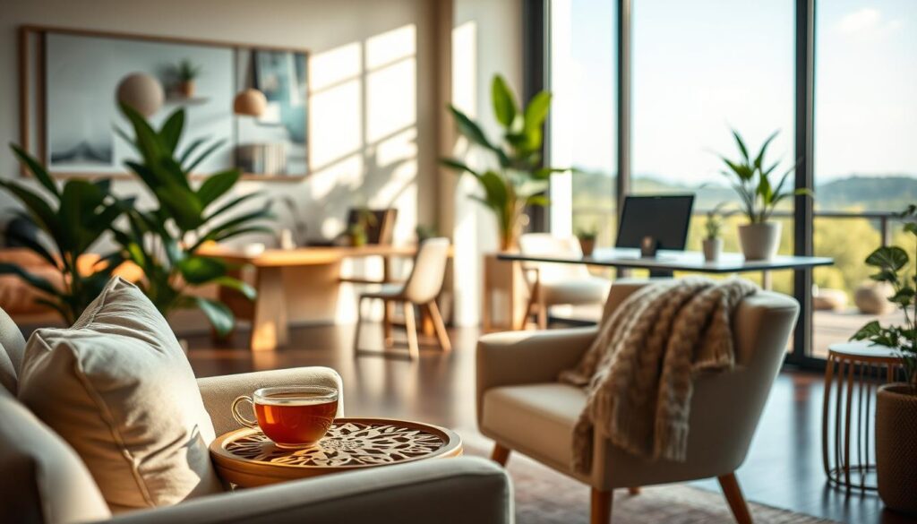 A serene and harmonious living space embodies the essence of "สบาย999." In the foreground, a cozy, elegantly arranged nook showcases plush cushions and a soft throw draped over a stylish armchair. A warm cup of tea rests on a small, intricately designed wooden table. In the middle ground, a bright, inviting workspace features modern, minimalist design elements with natural light streaming through large windows. Potted green plants add a refreshing touch, symbolizing tranquility. In the background, a softly blurred landscape outside displays lush greenery and a clear blue sky, invoking a peaceful atmosphere. Use soft, warm lighting to create a sense of comfort and relaxation, captured from a slightly elevated angle to highlight the space's inviting nature. The overall mood is one of warmth, comfort, and a deep sense of well-being. A serene and harmonious living space embodies the essence of "สบาย999." In the foreground, a cozy, elegantly arranged nook showcases plush cushions and a soft throw draped over a stylish armchair. A warm cup of tea rests on a small, intricately designed wooden table. In the middle ground, a bright, inviting workspace features modern, minimalist design elements with natural light streaming through large windows. Potted green plants add a refreshing touch, symbolizing tranquility. In the background, a softly blurred landscape outside displays lush greenery and a clear blue sky, invoking a peaceful atmosphere. Use soft, warm lighting to create a sense of comfort and relaxation, captured from a slightly elevated angle to highlight the space's inviting nature. The overall mood is one of warmth, comfort, and a deep sense of well-being.