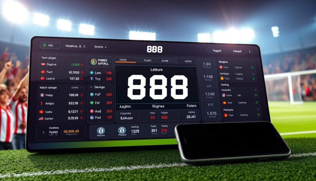 A sleek digital dashboard displaying live football scores and match statistics, prominently featuring a bold scoreboard labeled "888" in the center. The foreground shows animated score updates and player statistics arranged in a modern, user-friendly interface. In the middle ground, blurred imagery of cheering fans decked in team jerseys, creating a festive atmosphere, while a stylish smartphone rests nearby, suggesting mobile accessibility. The background includes a stylized football field with goalposts and floodlights, conveying the high energy of a live match. Soft, focused lighting highlights the scoreboard, adding intensity to the scene, while the overall mood is dynamic and vibrant, reflecting the excitement of real-time sports updates. A sleek digital dashboard displaying live football scores and match statistics, prominently featuring a bold scoreboard labeled "888" in the center. The foreground shows animated score updates and player statistics arranged in a modern, user-friendly interface. In the middle ground, blurred imagery of cheering fans decked in team jerseys, creating a festive atmosphere, while a stylish smartphone rests nearby, suggesting mobile accessibility. The background includes a stylized football field with goalposts and floodlights, conveying the high energy of a live match. Soft, focused lighting highlights the scoreboard, adding intensity to the scene, while the overall mood is dynamic and vibrant, reflecting the excitement of real-time sports updates.