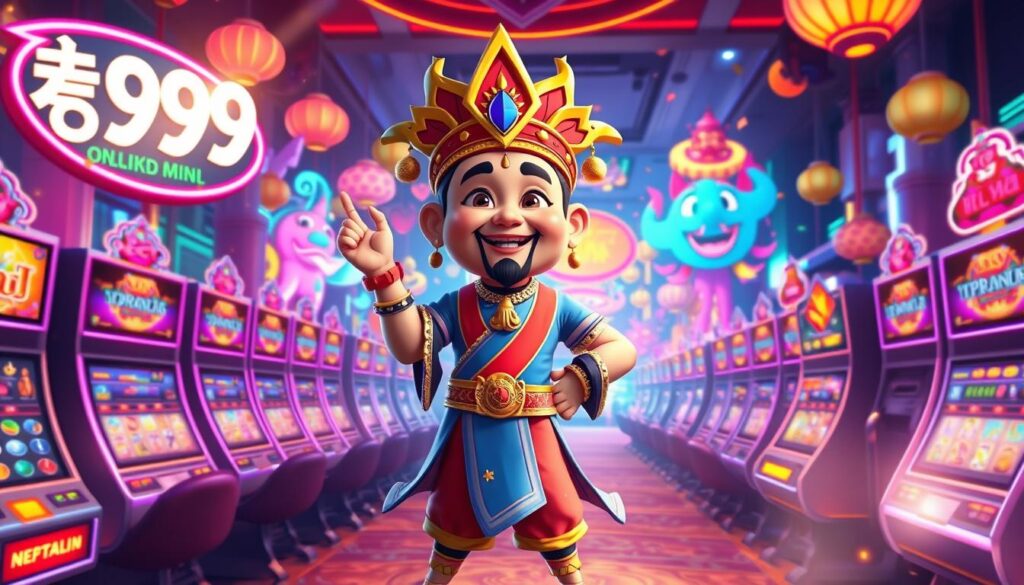 A vibrant and dynamic digital illustration featuring "นาจา999", a playfully stylized version of the popular Thai deity, Na Jaa, surrounded by elements symbolizing online slots gaming. In the foreground, Na Jaa stands confidently, adorned in colorful traditional attire, playfully posed to evoke excitement. The middle ground shows an array of glowing slot machines with neon colors and spinning reels, enticing players with their allure. In the background, a bustling virtual world filled with whimsical graphics and bright lights creates a sense of immersion in the online gaming realm. The overall lighting is bright and inviting, enhancing the festive atmosphere, with a slight lens flare that adds a magical touch. The mood is energetic and engaging, capturing the thrill of online gaming as it relates to the character of Na Jaa.