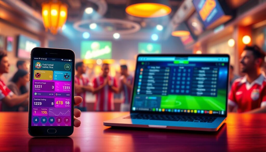 A vibrant and dynamic digital illustration showcasing a lively football scoreboard interface, symbolizing "บ้านผลบอล 888 สด" for online football score tracking. In the foreground, a modern smartphone displays a colorful, interactive scoreboard with real-time updates and statistics alongside football icons. The middle layer features a sleek laptop showing the same interface illuminated by soft blue and green lights, suggesting an interactive online experience. In the background, a blurred, bustling sports bar atmosphere emerges with fans cheering, wearing jerseys, and engaged in conversations, creating an energetic vibe. The scene is well-lit with a warm, inviting glow. The perspective should be slightly angled for depth, emphasizing the technology and excitement of following live football scores.