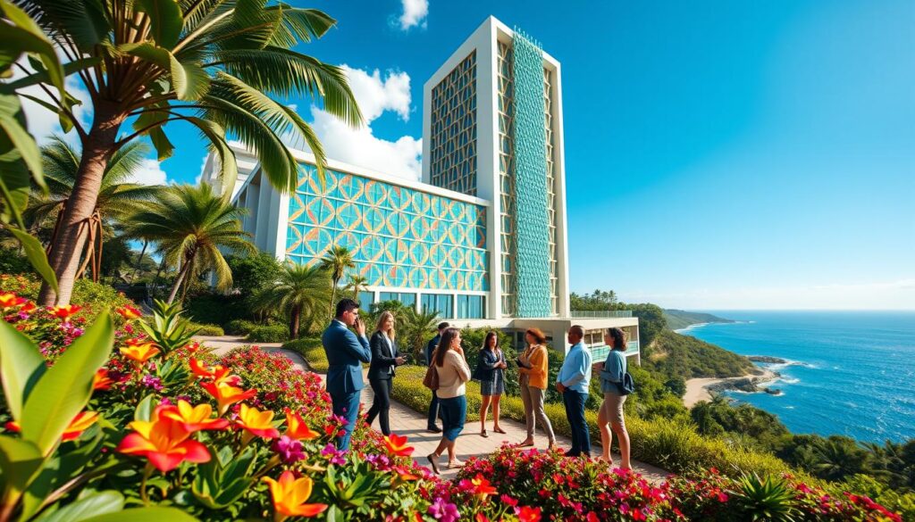 A vibrant and dynamic scene depicting "บราซิล 999," showcasing a beautiful Brazilian landscape with lush greenery, exotic flowers, and the shimmering blue ocean in the background. In the foreground, an elegantly designed modern building representing the essence of Brazil's innovation and culture stands tall. The architecture should feature colorful patterns and natural materials that reflect the rich Brazilian heritage. The middle ground showcases diverse professionals in business attire, collaborating and discussing ideas, embodying the spirit of entrepreneurship and teamwork. The lighting is bright and cheerful, reminiscent of a sunny day in Brazil, captured with a wide-angle lens for an immersive perspective. The overall mood is inspiring and forward-looking, inviting curiosity and exploration about the concept of "บราซิล 999."