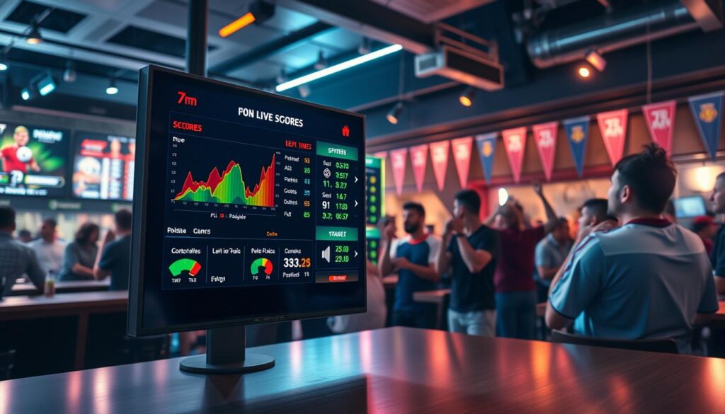 A vibrant and dynamic sports scoreboard interface displaying live football match statistics, with an emphasis on the unique features of "7m Live Scores". In the foreground, show a sleek digital screen with colorful graphs and player stats, glowing under soft LED lighting. The middle ground features fans in a sports bar, celebrating and focused on the screen, wearing casual sports attire. The background captures a lively atmosphere with banners and team colors, illustrated with depth using a wide-angle lens. The scene conveys excitement and engagement in a sports environment, showcasing the thrill of live updates in a modern and technology-driven setting.