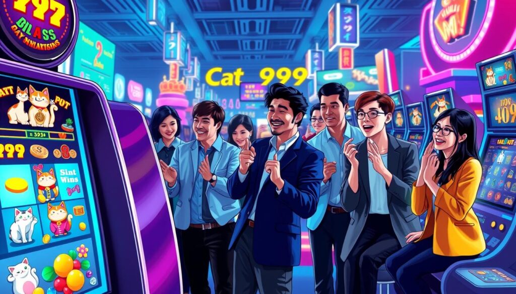 A vibrant and engaging illustration of an online slot game titled "Cat 999." In the foreground, showcase a sleek, modern slot machine with bright, enticing graphics featuring playful cartoon cats and colorful symbols like coins, gems, and lucky charms. In the middle ground, depict a group of diverse players, both men and women dressed in smart casual attire, intently enjoying the game and celebrating small wins. The background should be a digital casino environment, filled with glowing neon lights and animated screens that create a lively atmosphere. The lighting should be bright and dynamic, emphasizing the excitement and fun of online gaming, captured from a slightly elevated angle to provide depth to the scene. The overall mood should reflect joy, thrill, and the anticipation of winning.
