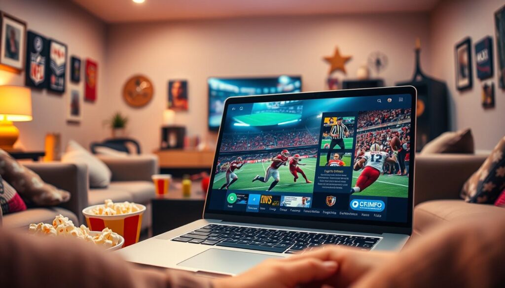 A vibrant and engaging scene depicting a modern digital viewing experience for live football matches. In the foreground, a sleek laptop is open, showcasing a streaming interface with vivid images of a football match in action. Surrounding the laptop, a cozy atmosphere includes comfortable seating and refreshments, like popcorn and drinks, hinting at an enjoyable viewing party. In the middle ground, various sports memorabilia and a large wall-mounted television displaying the game create an immersive setting. The background features soft ambient lighting, emphasizing the excitement of the moment. The overall mood is lively and dynamic, capturing the thrill of watching live sports with friends and family. Use a warm color palette, and ensure the focus is on the laptop and the excitement it brings without any people in the scene or text overlays.