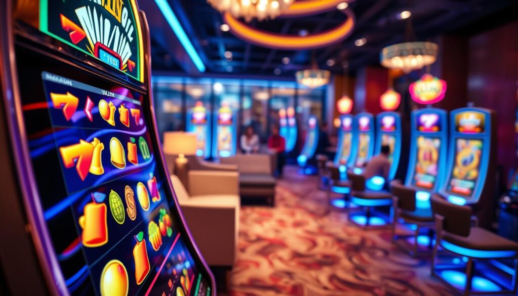 A vibrant and engaging scene depicting a modern online slot game setup. In the foreground, showcase a sleek, high-tech gaming device with colorful reels displaying various iconic symbols like fruits, bells, and lucky sevens. The middle ground features a cozy, well-lit gaming area, with stylish furniture and soft ambient lighting that creates a warm atmosphere. In the background, blurred images of other gaming devices and happy players enjoying their experience, all captured from a slightly elevated angle to provide depth. The scene conveys excitement and fun, embodying the thrill of "สล็อตเกม" and inviting viewers to delve into the captivating world of online slot gaming.