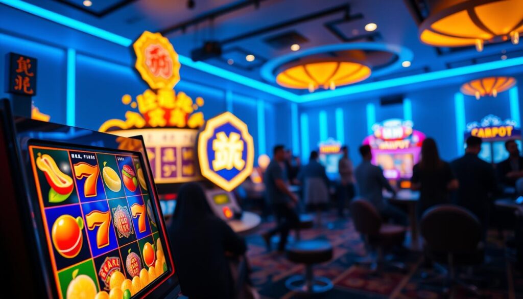 A vibrant and lively scene depicting a modern online slot game interface, centered on the "สล็อตเครดิตฟรี" concept. In the foreground, a colorful slot machine with engaging symbols like fruits, lucky sevens, and gold coins is prominently featured. The middle ground includes a stylish digital screen displaying exciting gameplay elements, with a glimmering jackpot sign illuminating the scene. In the background, a cozy gaming atmosphere with soft blue ambient lighting creates a welcoming mood, featuring blurred silhouettes of players enjoying their experience. The camera angle is slightly tilted to capture the dynamic nature of the game, enhancing the feeling of excitement. The overall atmosphere is energetic and inviting, perfect for an engaging article on slot gaming strategies.