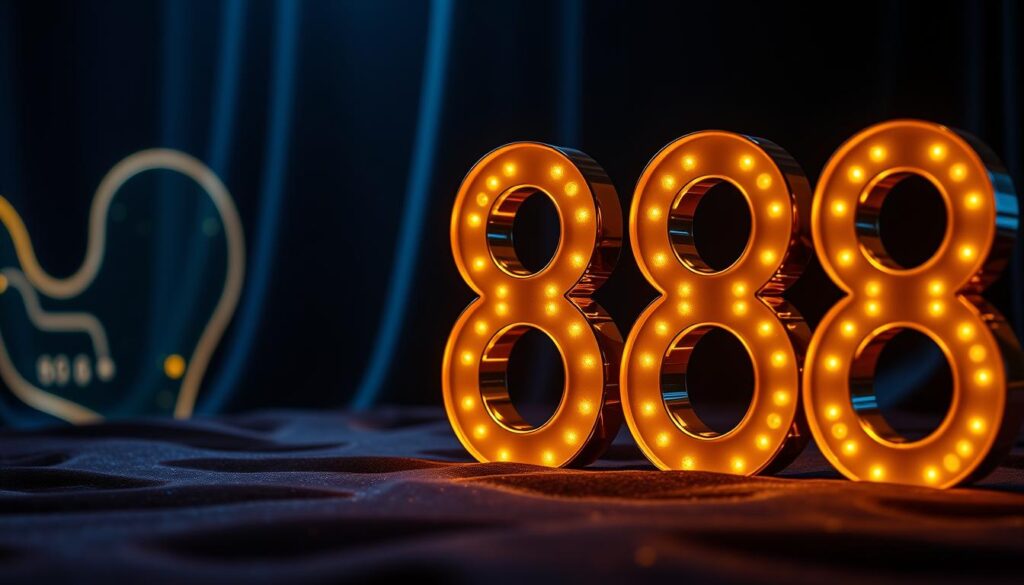A vibrant and visually striking representation of the number "888" prominently displayed in the foreground, crafted in a bold, modern font. The numbers should shimmer with a golden hue, symbolizing wealth and prosperity, while subtly glowing against a dark, plush velvet backdrop that enhances their prominence. In the middle ground, a subtle hint of an online shopping interface can be implied, featuring sleek, minimalistic icons and soft blur effects to evoke a digital atmosphere. In the background, softly illuminated abstract shapes suggest dynamism and excitement, adding depth to the composition. The lighting should be soft but dramatic, casting gentle shadows that emphasize the numbers' grandeur. The overall mood should be one of intrigue and allure, inviting viewers to explore the deeper meaning of "888."