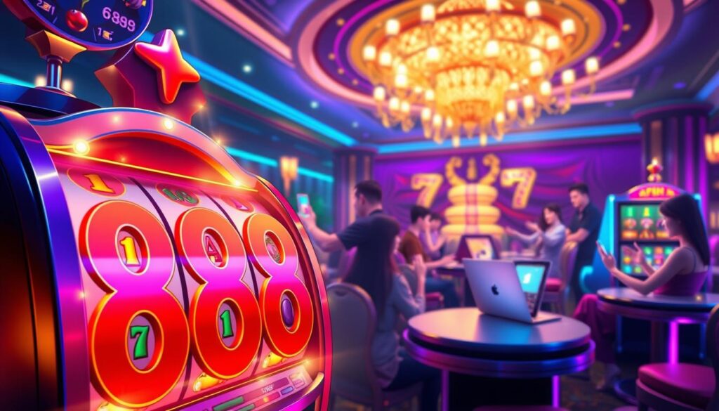 A vibrant, digital illustration showcasing an exciting online slot machine with the number "888" prominently displayed. In the foreground, the slot machine is adorned with bright colors, glittering lights, and classic symbols like cherries, bars, and lucky sevens, evoking a sense of fun and thrill. In the middle ground, depictions of excited players can be seen engaging with the game on various devices - a laptop, tablet, and smartphone - all focused on the action. The background features a dimly lit casino atmosphere with shimmering lights and ornate decorations, creating an inviting ambiance. Soft blue and purple lighting highlights the scene, adding a modern touch. The overall mood is one of excitement and anticipation, capturing the essence of why players choose "สล็อต888" for their gaming experience.