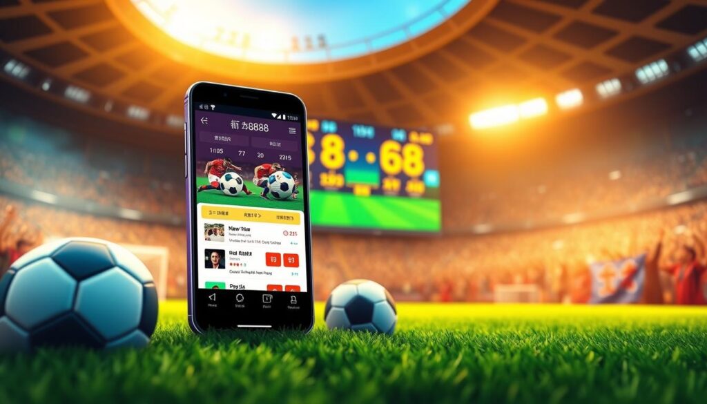 A vibrant digital illustration showcasing the concept of "บ้านผลบอล888", a football score update platform. In the foreground, a sleek smartphone displays live football scores and recent news articles, surrounded by football paraphernalia like a soccer ball and a green pitch. The middle ground features a dynamic and colorful digital scoreboard with animated score changes, enhancing the excitement of the game. The background includes blurred silhouettes of cheering fans in a stadium, illuminated by bright stadium lights that create a lively atmosphere. The scene is captured with a slight angle, highlighting the height of the scoreboard and the depth of the stadium, while warm colors evoke a sense of enthusiasm and sportsmanship.