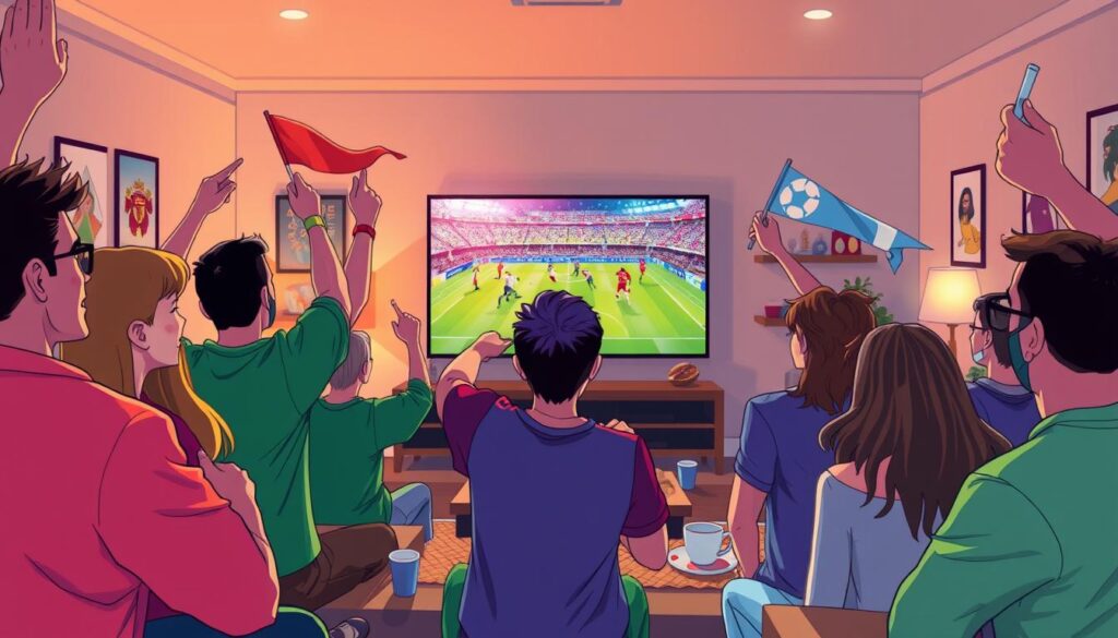 A vibrant illustration depicting a lively scene of people watching a football match together. In the foreground, a diverse group of individuals, including both men and women, are dressed in casual sports attire, showing excitement as they cheer and wave flags. The middle ground features a large television screen displaying a football match, brightly lit with dynamic colors representing the teams. In the background, a cozy living room setting with soft lighting creates an inviting atmosphere. Include subtle decorations like football memorabilia and snacks on a table to enhance the scene. The overall mood is energetic and communal, capturing the joy of watching live football together.