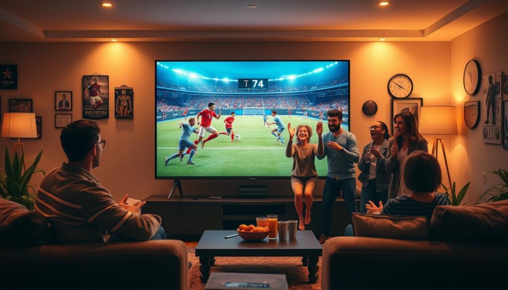 A vibrant scene illustrating the concept of online sports viewing, with a large, modern living room in the foreground. A sleek, high-definition television displays a live football match with animated players in action. In the middle ground, a diverse group of excited friends, dressed in casual yet stylish clothing, cheer together, holding snacks and drinks. The background features a cozy ambiance with dimmed lights and football memorabilia on the walls, enhancing the atmosphere of camaraderie and excitement. The lighting is warm and inviting, focused on the television screen, creating a lively, engaging mood that encapsulates the joy of watching live sports online. The angle is slightly elevated, providing a clear view of both the screen and the friends' reactions.