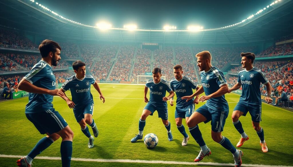 A vibrant scene of a professional football team in action on the field, capturing the essence of teamwork and strategy. In the foreground, players in smart, branded athletic uniforms exhibit a dynamic play as they pass the ball. Their focused expressions reflect determination and teamwork. In the middle, the lush green pitch with clear white markings contrasts with the colorful stands filled with enthusiastic fans cheering. The players’ movements should convey energy and excitement as they strive for victory. In the background, a modern stadium with floodlights illuminating the scene creates a thrilling atmosphere. Use bright, energetic lighting to emphasize the intensity of the moment, capturing an angle that showcases both the players and the vibrant crowd. The mood should be exhilarating and inspiring, embodying the spirit of following live sports updates.