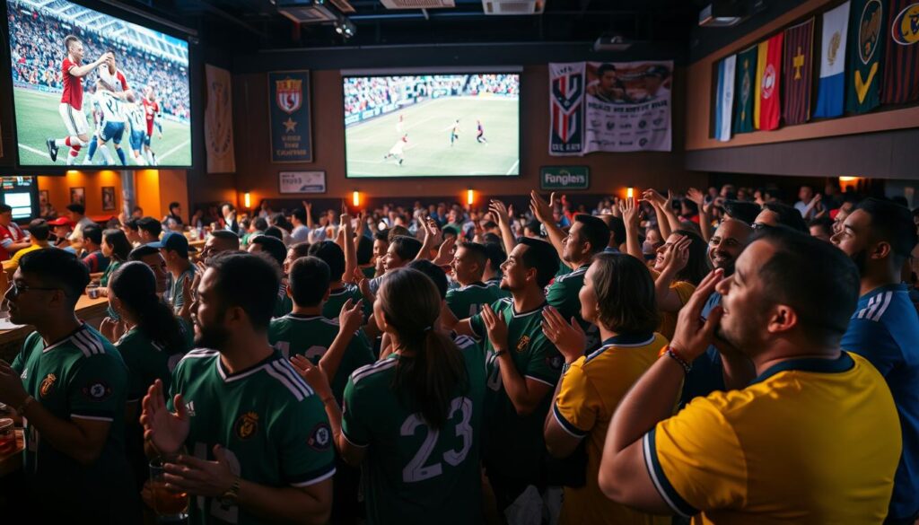 A vibrant sports bar scene during a live football match, filled with excited fans wearing team jerseys. In the foreground, a group of diverse individuals, men and women, are animatedly watching the game on a large screen, cheering and clapping in excitement. The middle layer features a bar area with drinks and snacks, illuminated by warm lighting, creating a lively atmosphere. The background showcases a big projection screen displaying a thrilling match with players in action, surrounded by banners and flags of various teams. The scene captures the energy and community spirit of watching live sports. Use a wide-angle perspective to emphasize the atmosphere, with rich colors and dynamic lighting reflecting the excitement of the game.
