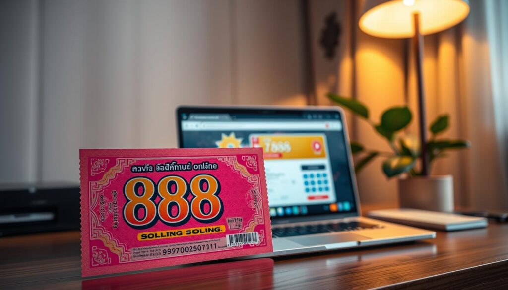 A visually engaging image of a "สลากออมสิน 888 ออนไลน์" (online savings lottery ticket) prominently displayed in the foreground. The ticket design features vivid colors and intricate patterns, showcasing a blend of traditional Thai artistry with modern digital elements. In the middle ground, a stylish laptop screen shows a user-friendly interface of an online ticket purchasing website, subtly reflecting the convenience of buying tickets online. The background includes a cozy home office setting, with warm, inviting lighting that creates a sense of comfort and modernity. Soft shadows add depth, and a hint of greenery from a nearby plant enhances the atmosphere. The image conveys an optimistic and professional mood, perfect for illustrating the advantages of purchasing 888 online.