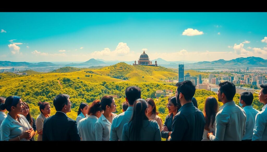 A vivid and captivating representation of "บราซิล999," showcasing a unique blend of cultural and natural beauty. In the foreground, feature a diverse group of people in professional business attire, engaged in lively discussion, reflecting collaboration and innovation. In the middle ground, display a striking landscape with lush greenery typical of Brazil, interspersed with modern architectural elements symbolizing progress. The background should feature a scenic view of iconic Brazilian landmarks, such as vibrant cityscapes or mountains, under a clear blue sky. Use warm, natural lighting to create an inviting and energetic atmosphere. Capture the scene from a slightly elevated angle, giving depth and perspective, while conveying a sense of excitement and discovery surrounding the concept of "บราซิล999."